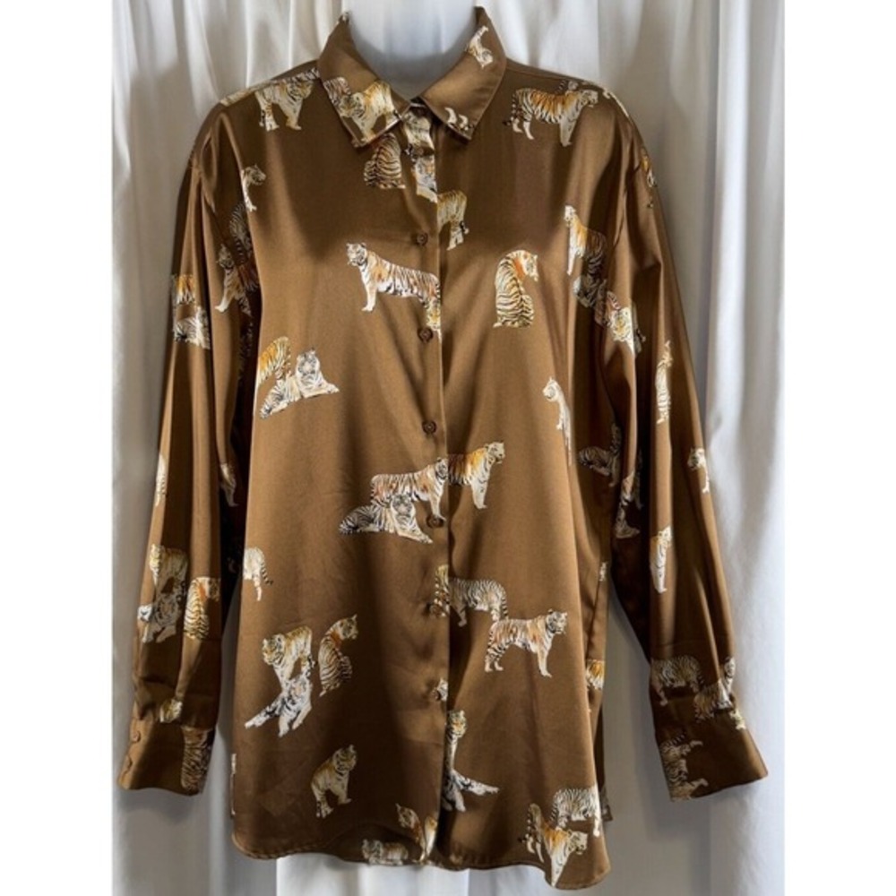 ZARA‎ Tiger Print Long Sleeve Button Down Shirt Women's L Brown Preppy  72-27 - Picture 13 of 15